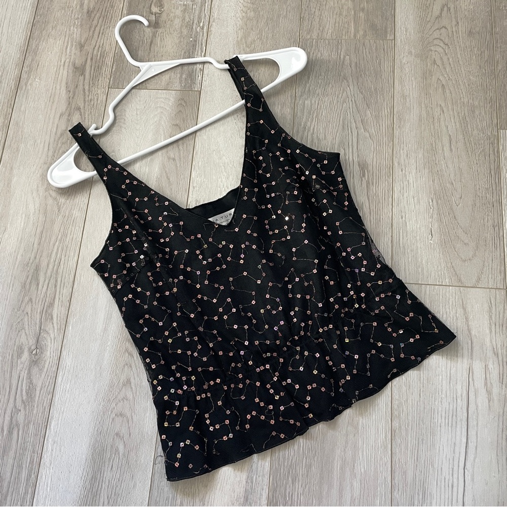 Sequin Mesh Tank Top peplum crop womens Black small y2k party going out holiday
